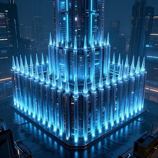 Nighttime photograph of a glowing blue, futuristic skyscraper with numerous illuminated, spire-like structures, reflected in a wet urban plaza.