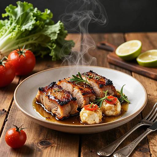 Photograph of grilled fish with herbs, served on white plate, steam rising, surrounded by tomatoes, lettuce, lime halves, and silver fork on rustic