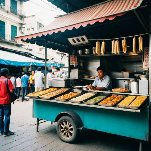 Traditional Asian Street Food Stall with Various Snacks