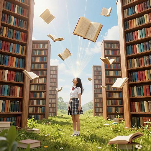 Digital illustration of a young Asian girl in a school uniform, standing in a grassy library aisle with floating books between tall bookshelves under a bright