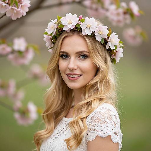 Photograph of a blonde woman with blue eyes, wearing a white lace dress and a floral crown, surrounded by blooming cherry blossoms.