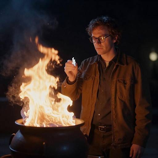 Man by Glowing Cauldron Under Stars