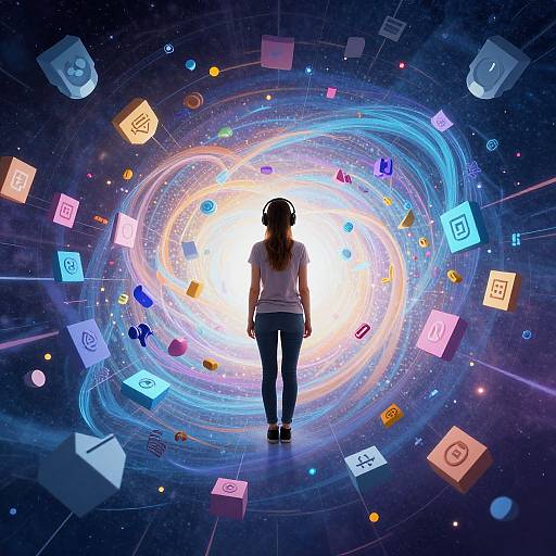 Digital artwork of a woman in white shirt and blue jeans standing in the center of a swirling, colorful, cosmic vortex with floating icons and symbols.