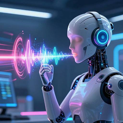 Photorealistic CGI of a white female robot with glowing blue headphones, generating a colorful bioluminescent heart-rate graph from her mouth in a futuristic