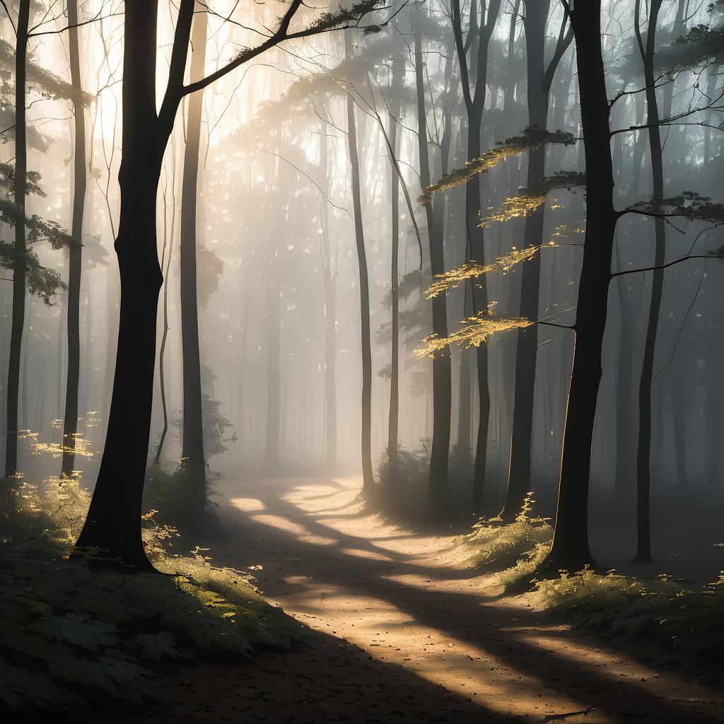 Mysterious Foggy Woodland at Golden Hour