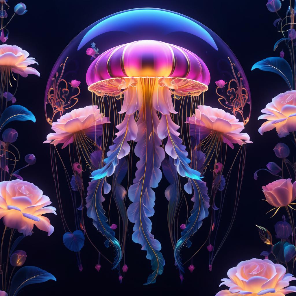 Vibrant Jellyfish and Roses Cyborg Art