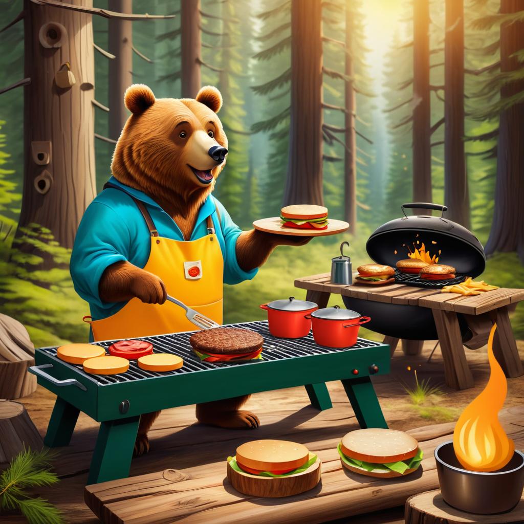 Whimsical Bear Chef in Rustic Camp