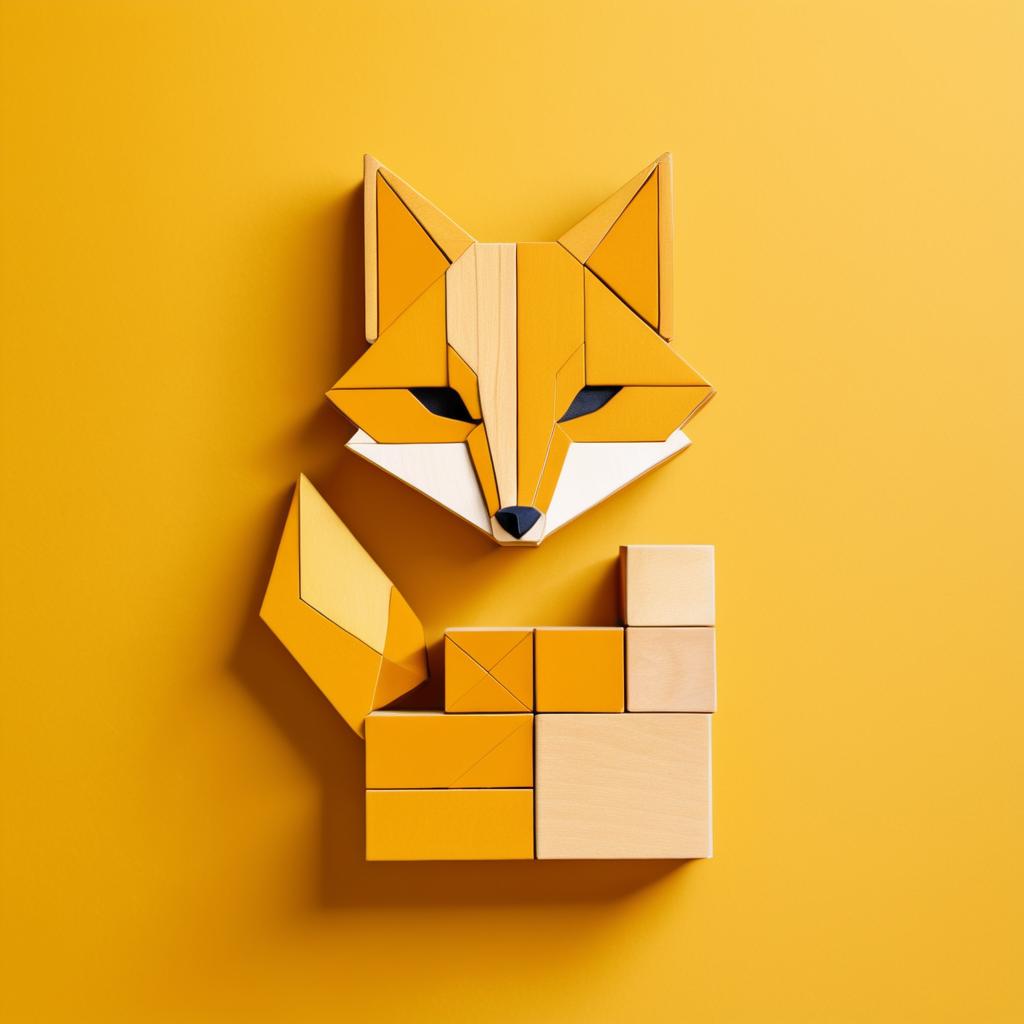 Wooden Block Fox on Mustard Background