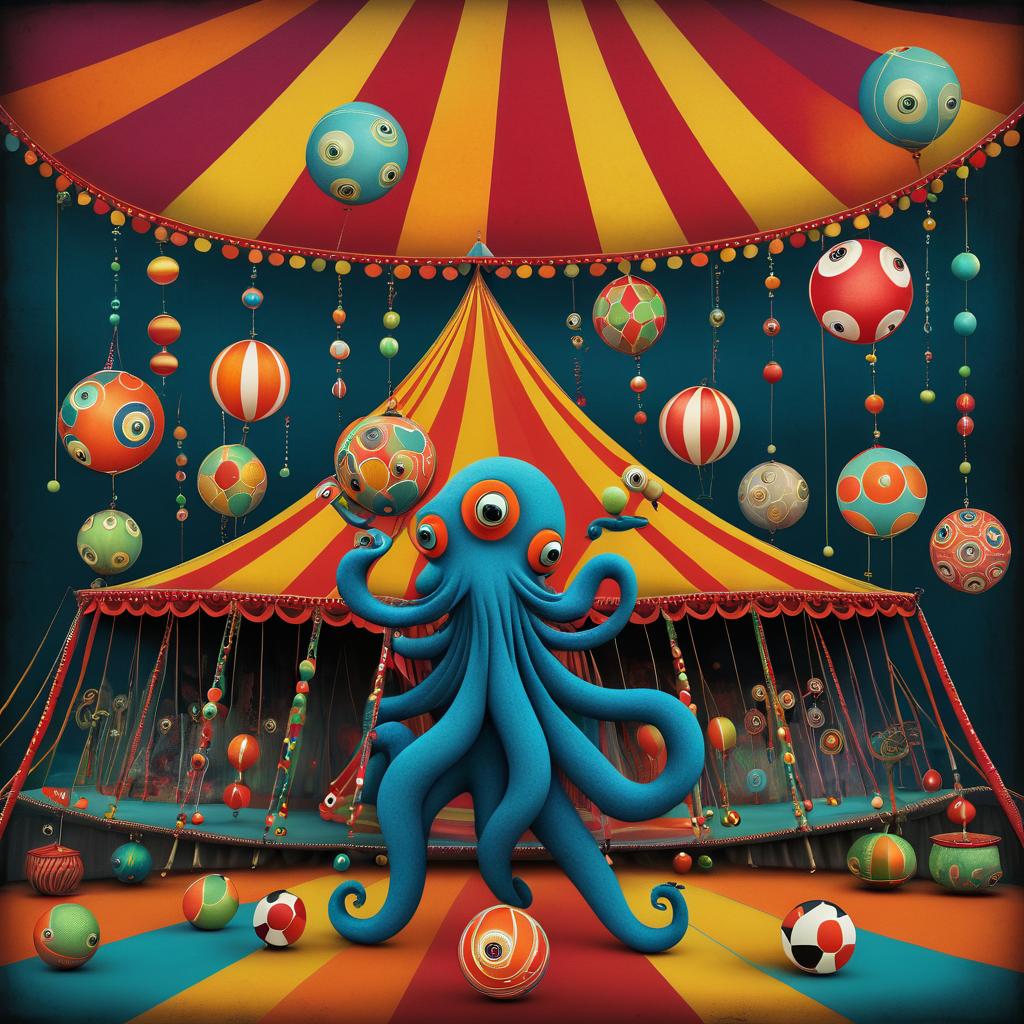 Whimsical Octopus Juggling in Circus Tent