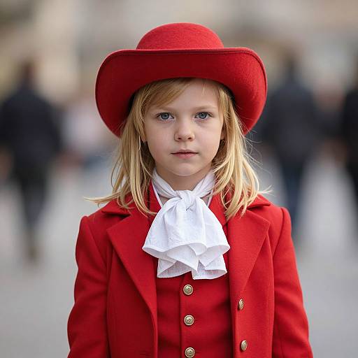 Photograph of a young blonde girl with blue eyes, wearing a bright red hat, coat, and vest, with a white ruffled shirt, standing