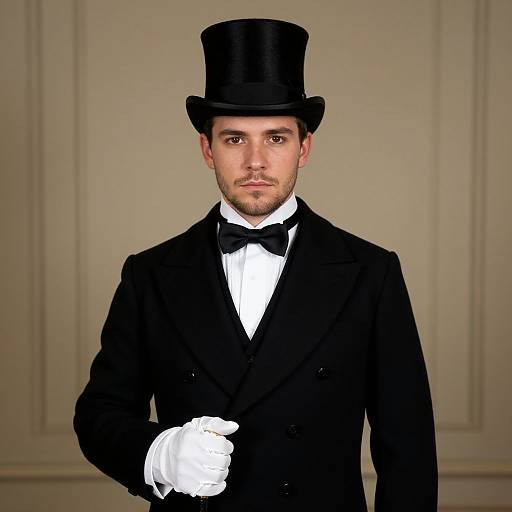 Photorealistic digital portrait of a handsome man with light skin, brown eyes, and short beard, wearing a black top hat, black tuxedo