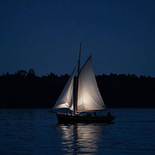 Photograph of a lone, illuminated sailboat with glowing white sails navigating dark, reflective waters under a starry, midnight blue sky.