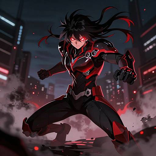Dynamic anime-style digital artwork of a fierce, black-haired male warrior with glowing red eyes, wearing a red and black suit, mid-charge in a