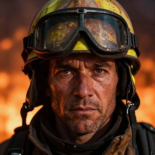 Photograph of a rugged, dirty-faced man with intense eyes, wearing a yellow helmet with goggles, against a blurred fiery orange background.
