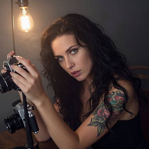Photograph of a woman with long, curly black hair, blue eyes, and a colorful tattoo on her right arm, holding a camera under a glowing