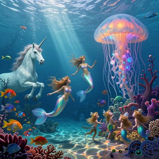 Digital art of an underwater scene with a white unicorn, two mermaids, colorful jellyfish, fish, and corals, bathed in blue and
