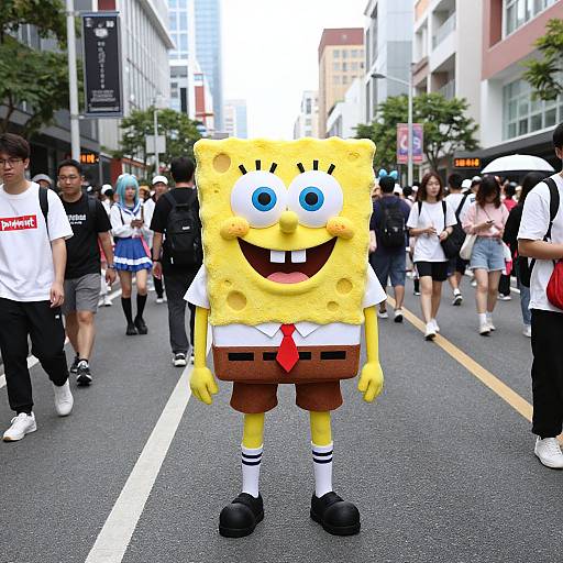 Photograph of SpongeBob SquarePants mascot in yellow, cartoonish suit, white shirt, red tie, brown shorts, black shoes, standing in