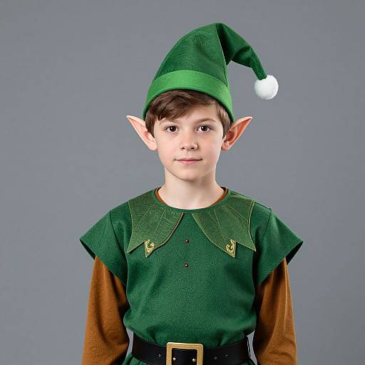 Photograph of a young boy with pale skin, brown hair, and pointed elf ears, wearing a green elf costume with a hat, brown long sleeves