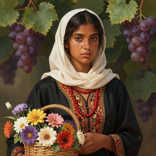 Digital painting of a young South Asian woman with dark hair, brown skin, wearing a white headscarf, black embroidered dress, holding a basket of