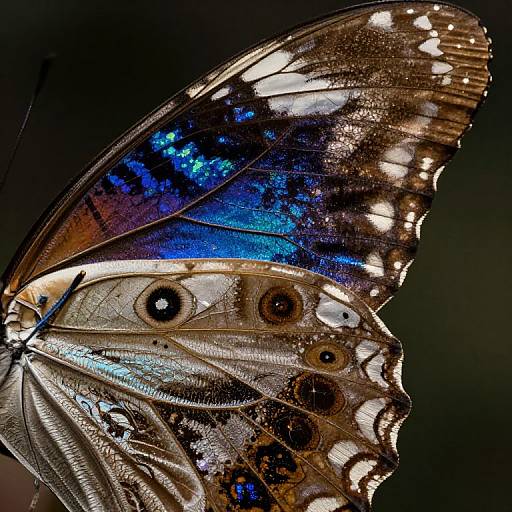 Close-up photograph of a vibrant butterfly with intricate patterns: blue, white, and black scales, large circular eyespots, and textured wings against a