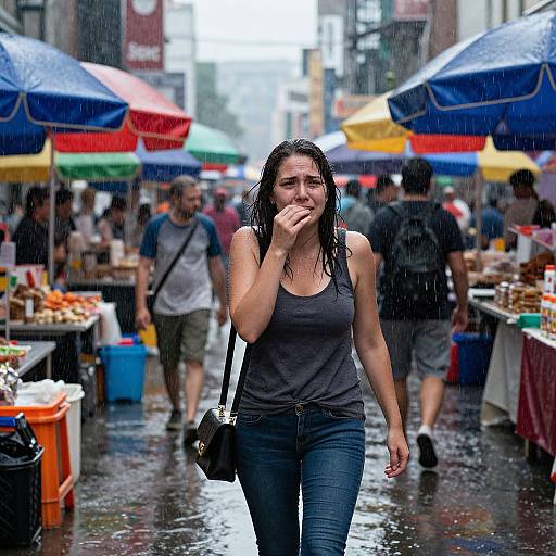 Photograph of a wet, rainy street market. A brunette woman in a black tank top and jeans, with shoulder bag, walks under colorful umbrellas