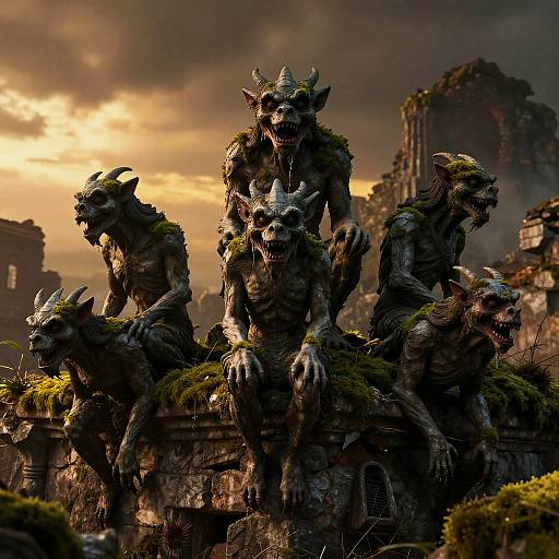 Digital artwork of five dark, horned, gargoyle-like creatures with skeletal faces and moss-covered bodies, perched on a ruined, mossy