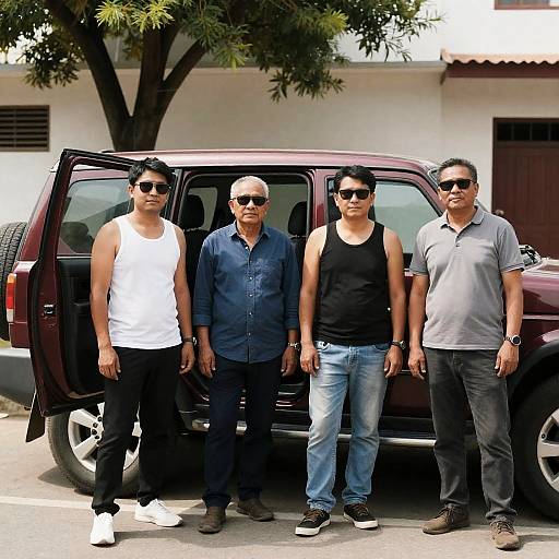Casual Men by Maroon SUV in Sun