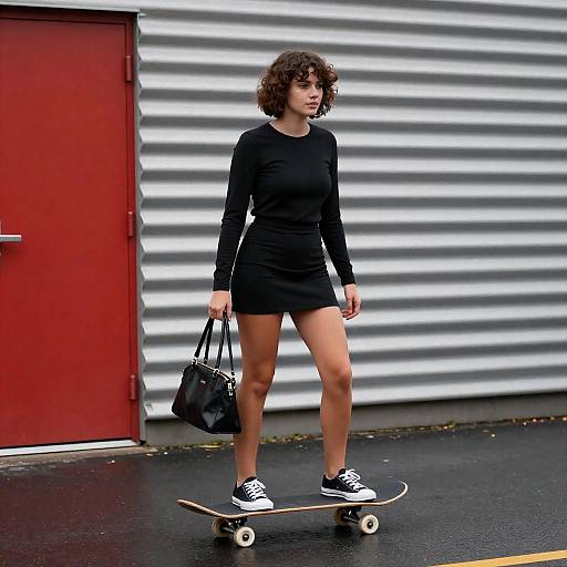 Young Woman Skateboarding by Red Door