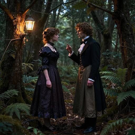 Photograph of a Victorian-era couple in a dim forest, illuminated by a hanging lantern. Woman in black dress, man in black coat and brown trousers