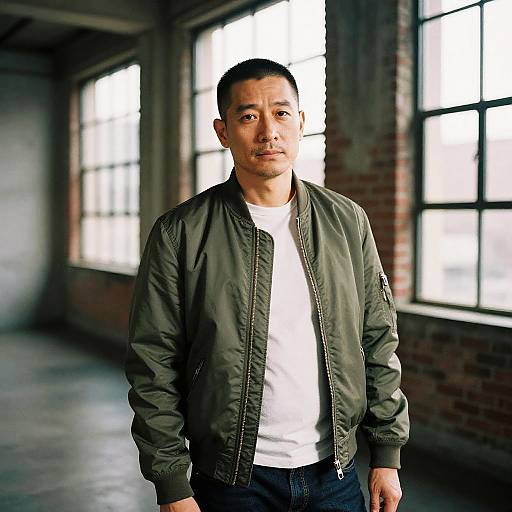 Photograph of a serious-looking East Asian man with short black hair, wearing a green bomber jacket and white shirt, standing in a dimly lit,