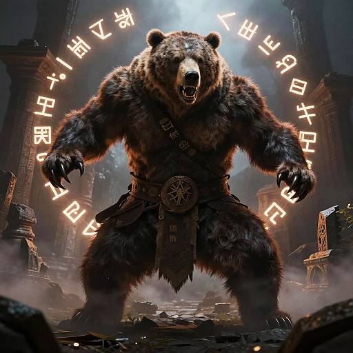 CGI image of a massive, muscular bear standing menacingly in a dark, ruined temple, glowing runes encircle it, wearing a leather loinc