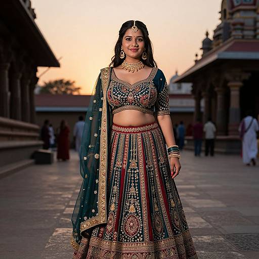 Photograph of a South Asian woman in traditional bridal attire, with intricate gold and red embroidery on her green saree and blouse, standing in a temple