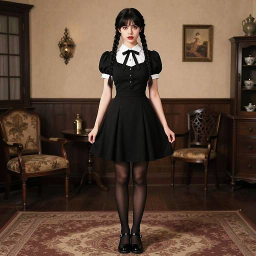 Digital illustration of a pale-skinned, black-haired girl in a black and white maid outfit, standing in a vintage, wooden-paneled room with orn