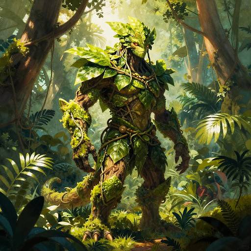 Sunlit Tropical Plant-Humanoid Watercolor Scene