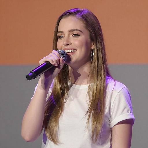 Smiling Woman Singing on Stage