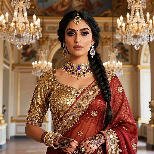 Ebony Braids and Brocade Sari Elegance