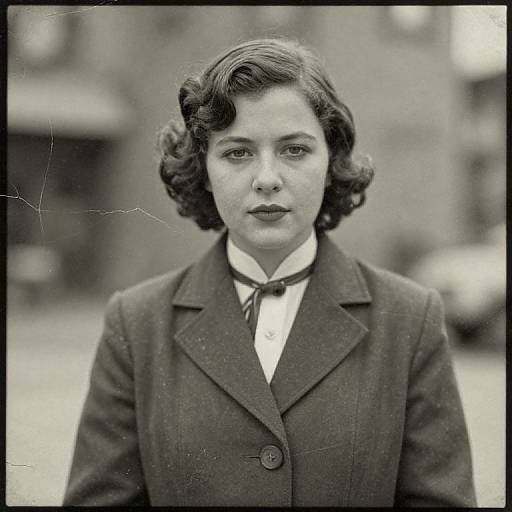 Black-and-white photograph of a 1920s woman with short, wavy dark hair, wearing a dark overcoat and bow-tied blouse,