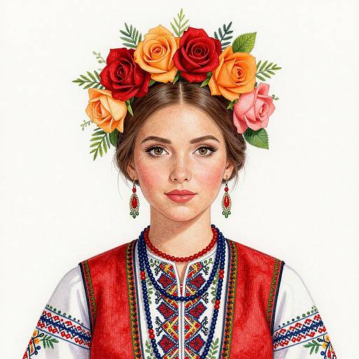 Digital illustration of a young woman with fair skin, brown eyes, and dark brown hair, wearing a floral crown, traditional embroidered dress, red vest,