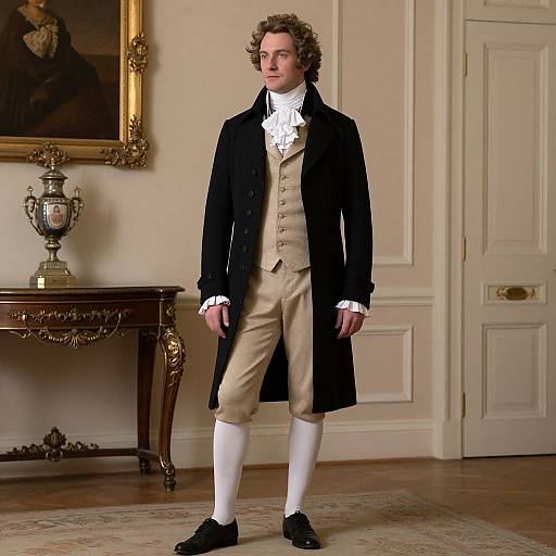 Photograph of a young man in 18th-century attire: black coat, white cravat, beige waistcoat, beige breeches, white