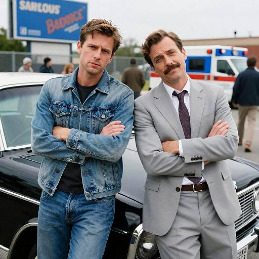 Two Men Leaning on Vintage Car