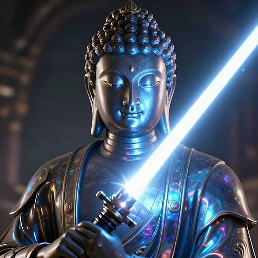 Photograph of a shiny, black Buddha statue holding a glowing blue lightsaber, with a dark, blurred background, highlighting the contrast between ancient and futuristic