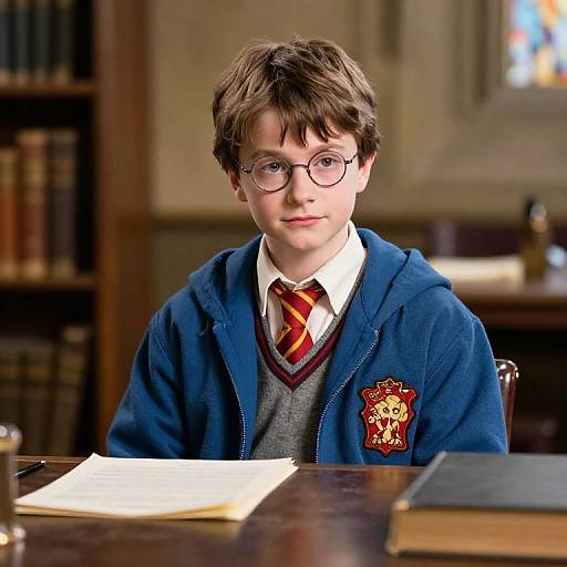 Photograph of a young boy with brown hair, glasses, and blue Gryffindor robe, sitting at a wooden desk in a library.
