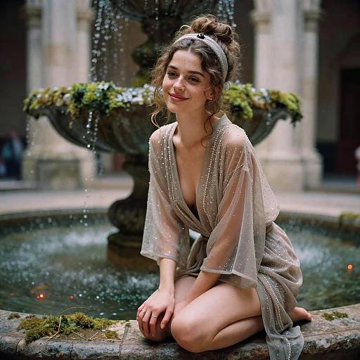 Photograph of a smiling young woman with curly brown hair, wearing a sheer, sparkling gray robe, kneeling by a moss-covered fountain in a sunlit