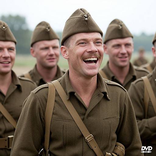 Photograph of a smiling, middle-aged white man in World War II-era German military uniform, with brown shirt and cap, surrounded by smiling soldiers in
