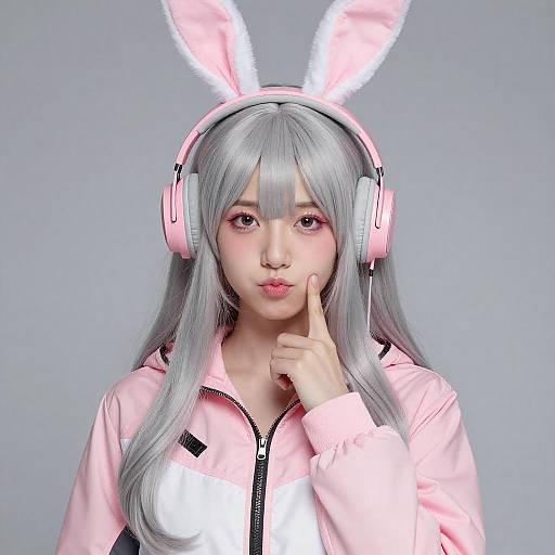 Playful Woman with Silver Hair and Bunny Headphones