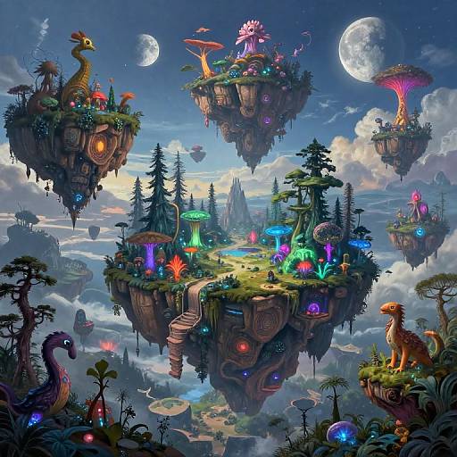 Whimsical digital fantasy landscape: floating islands with colorful, glowing flora and fantastical creatures under a moonlit, starry sky.