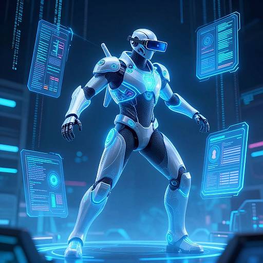 Digital artwork of a futuristic, glowing blue humanoid robot with a visor, standing in a high-tech, neon-lit control room. Floating holographic