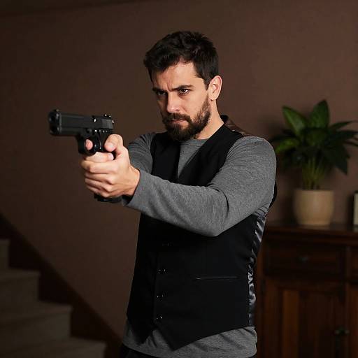 Intense Man Aiming Handgun Indoors