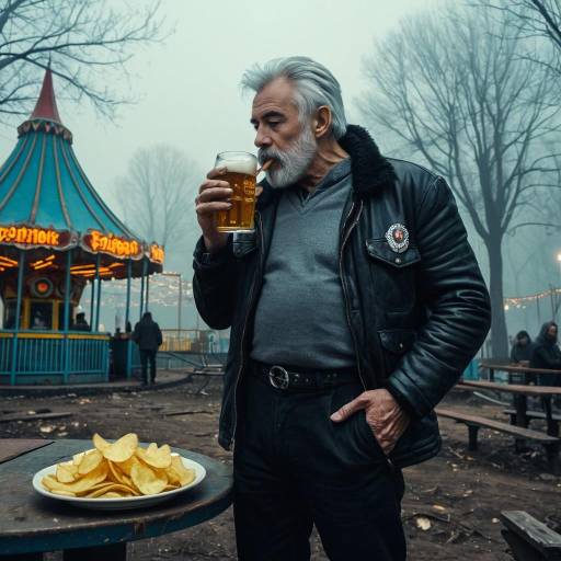 Elderly Man Drinking Beer at Foggy Amusement Park