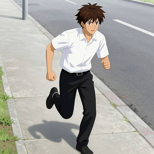 Anime-style digital drawing of a brown-haired man in a white shirt and black pants, running on a sidewalk with a street behind him.